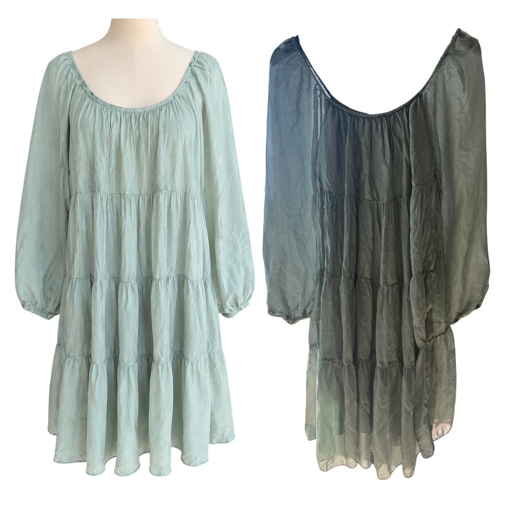 PURA SETA Italy Silk Tiered Dress Sage Green Fairy Ethereal Boho M Balloon
